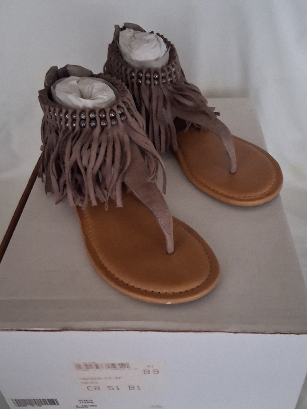 VENUS Taupe Fringe Ankle Thong Sandals